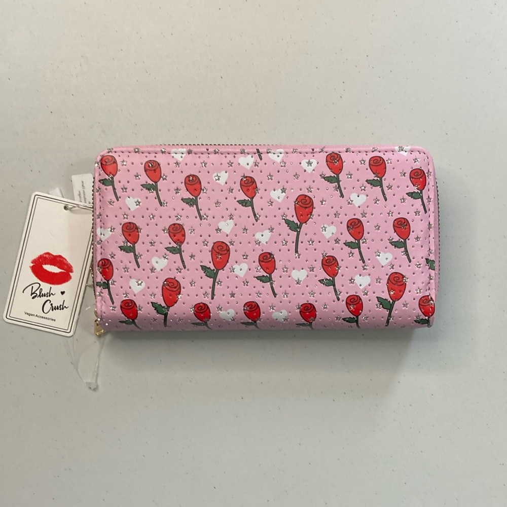 Blush Crush Double Zip Pink With Hearts And Roses Wallet NEW WITH TAGS